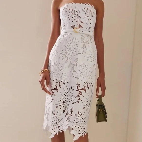 Sexy Whispy Lace Lined Bodycon Belted White MIDI Dress - Picture 5 of 8